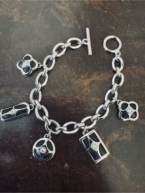 White House Black Market Silver Black Leather Jewel Charm Bracelet